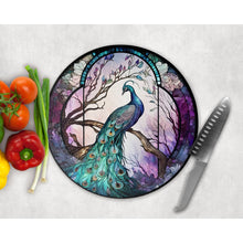 Load image into Gallery viewer, Peacock Chopping Board, faux stained glass, tableware decor, housewarming gift, round cheese board, placemat, gift for friends and family