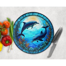 Load image into Gallery viewer, Dolphins Chopping Board, faux stained glass, tableware decor, housewarming gift, round cheese board, placemat, gift for friends, family
