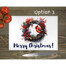 Load image into Gallery viewer, Christmas Wreath Glass Chopping Board, personalised tableware decor, housewarming festive gift, worktop saver, 4 options