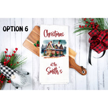 Load image into Gallery viewer, Christmas House tea towel, personalised kitchen waffle tea towel, kitchen festive decoration for family, friends, colleagues