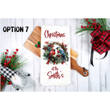 Load image into Gallery viewer, Christmas Wreath tea towel, personalised kitchen waffle tea towel, kitchen festive decoration for family, friends, colleagues