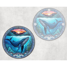 Load image into Gallery viewer, Blue Whale round glass coaster, faux stained glass, letter box gift, tableware birthday gift set for her, for him, for mother, for friend