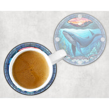Load image into Gallery viewer, Blue Whale round glass coaster, faux stained glass, letter box gift, tableware birthday gift set for her, for him, for mother, for friend