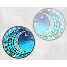 Load image into Gallery viewer, Crescent Moon round glass coaster, faux stained glass, letter box gift, tableware birthday gift set for her, for him, for mother, friend