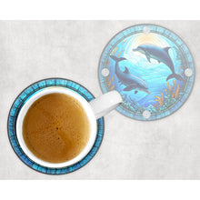 Load image into Gallery viewer, Dolphins round glass coaster, faux stained glass, letter box gift, tableware birthday gift set for her, for him, for mother, friend