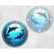 Load image into Gallery viewer, Dolphins round glass coaster, faux stained glass, letter box gift, tableware birthday gift set for her, for him, for mother, friend
