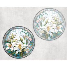 Load image into Gallery viewer, White Lily round glass coaster, faux stained glass, letter box gift, tableware birthday gift set for her, for him, for mother, friend