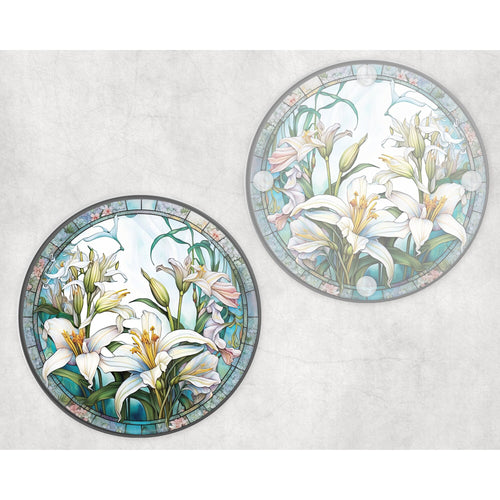 White Lily round glass coaster, faux stained glass, letter box gift, tableware birthday gift set for her, for him, for mother, friend