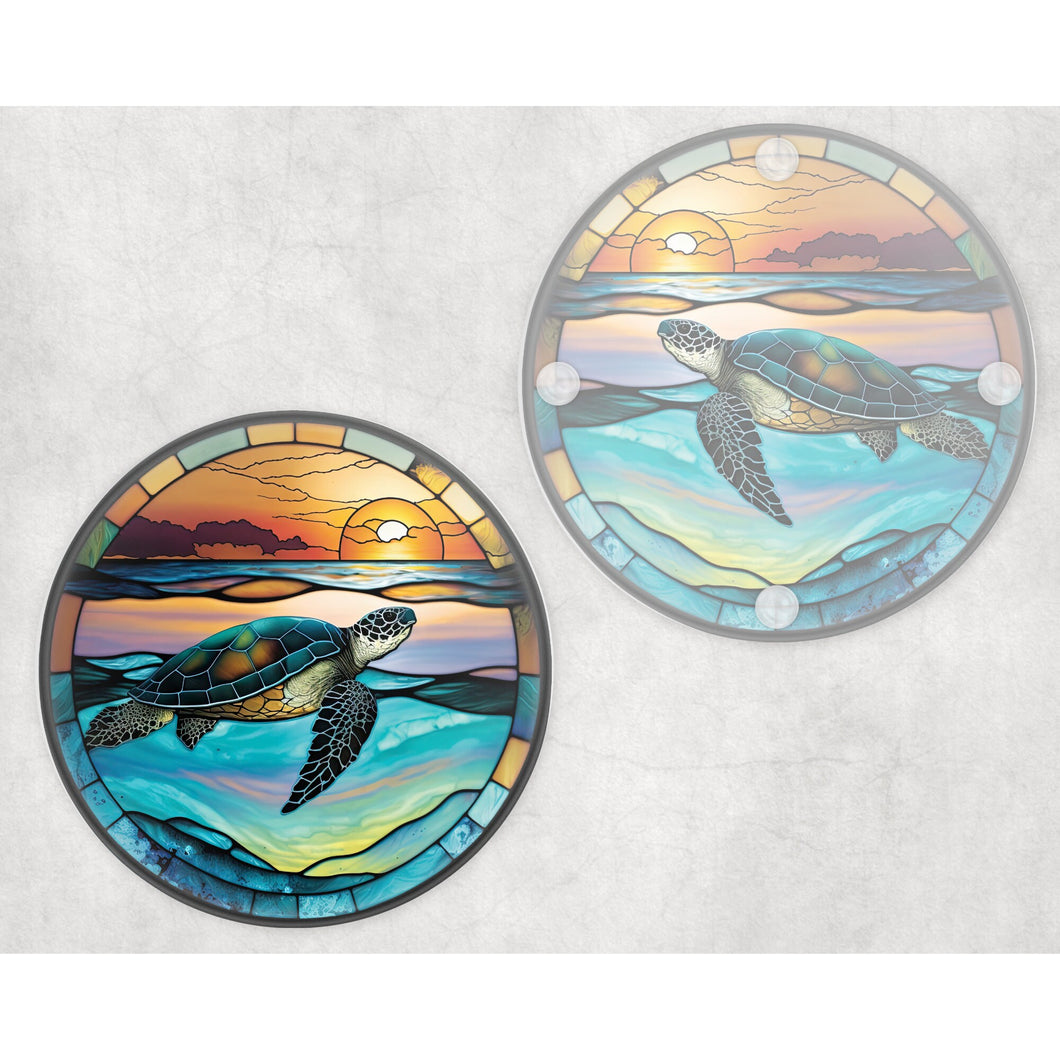 Sea turtle faux stained glass image; round glass coaster