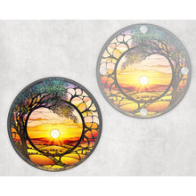 Load image into Gallery viewer, Countryside sunset round glass coaster, faux stained glass, letter box gift, tableware birthday gift for her, him, for mum, friends, family