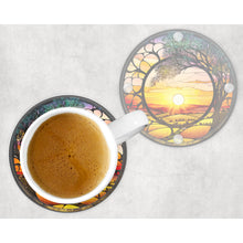 Load image into Gallery viewer, Countryside sunset round glass coaster, faux stained glass, letter box gift, tableware birthday gift for her, him, for mum, friends, family