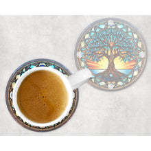 Load image into Gallery viewer, Tree of Life round glass coaster, faux stained glass, letter box gift, tableware birthday gift for her, him, for mum, dad, friends, family
