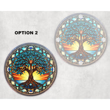 Load image into Gallery viewer, Tree of Life round glass coaster, faux stained glass, letter box gift, tableware birthday gift for her, him, for mum, dad, friends, family