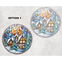 Load image into Gallery viewer, Winter House round glass coaster, faux stained glass, letter box gift, tableware birthday gift for her, him, for mum, dad, friends, family