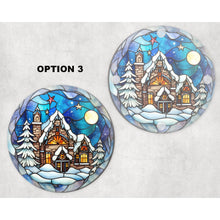 Load image into Gallery viewer, Winter House round glass coaster, faux stained glass, letter box gift, tableware birthday gift for her, him, for mum, dad, friends, family