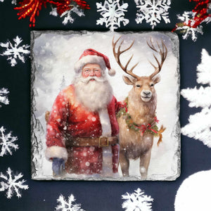Christmas slate coasters, Santa and Rufolph coaster, letter box gift, tableware gift for her, for him, for mother, for friend