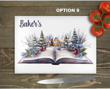 Load image into Gallery viewer, Christmas Chopping Board, personalised fairy tale glass tableware decor, housewarming festive gift, worktop saver, 10 patterns