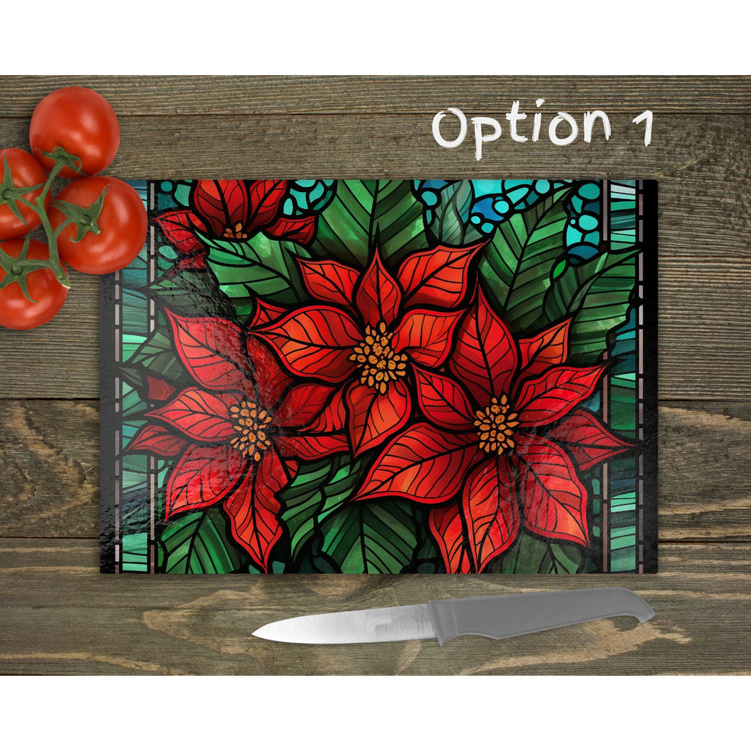 Christmas Flower Chopping Board, glass tableware decor, housewarming festive gift, worktop saver, 2 patterns