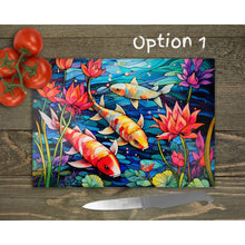 Load image into Gallery viewer, Chopping Board, Japanese koi glass tableware decor, housewarming festive gift, worktop saver, 3 patterns