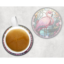 Load image into Gallery viewer, Pink Flamingo round glass coaster, faux stained glass, letter box gift, tableware birthday gift for her, him, for mum, friends, family