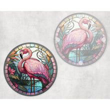 Load image into Gallery viewer, Pink Flamingo round glass coaster, faux stained glass, letter box gift, tableware birthday gift for her, him, for mum, friends, family