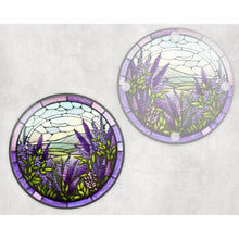 Load image into Gallery viewer, Lavender round glass coaster, faux stained glass, letter box gift, tableware birthday gift for her, him, for mum, friends, family