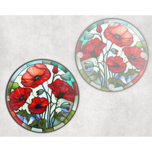 Load image into Gallery viewer, Poppies round glass coaster, faux stained glass, letter box gift, tableware birthday gift for her, him, for mum, friends, family