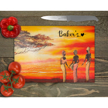 Load image into Gallery viewer, African Sunset Glass Chopping Board, Glass Placemats, tableware decor, housewarming gift for mum, dad, worktop saver, placemat