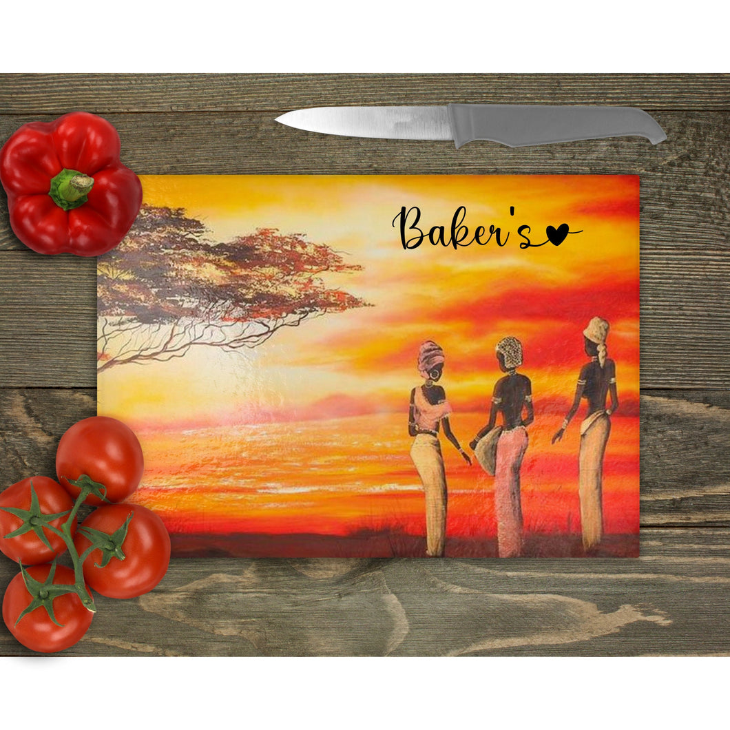 African Sunset Glass Chopping Board, Glass Placemats, tableware decor, housewarming gift for mum, dad, worktop saver, placemat