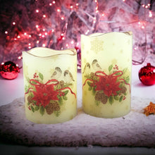 Load image into Gallery viewer, Christmas set of flameless LED pillar candles, Robins flickering scented candle decor, gift, elegant festive candle gift