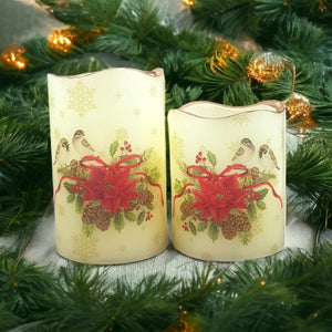 Christmas set of flameless LED pillar candles, Robins flickering scented candle decor, gift, elegant festive candle gift