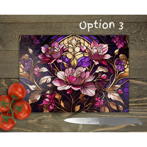 Chopping Board, Purple Fuschia glass tableware decor, housewarming festive gift, worktop saver, 3 patterns