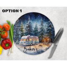 Load image into Gallery viewer, Christmas Chopping Board, Winter camping personalised glass tableware decor, housewarming gift, worktop saver, 5 patterns
