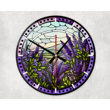 Load image into Gallery viewer, Laveneder flower glass wall clock, wall decor, faux stained glass, housewarming gift, birthday gift for family, freinds, colleagues