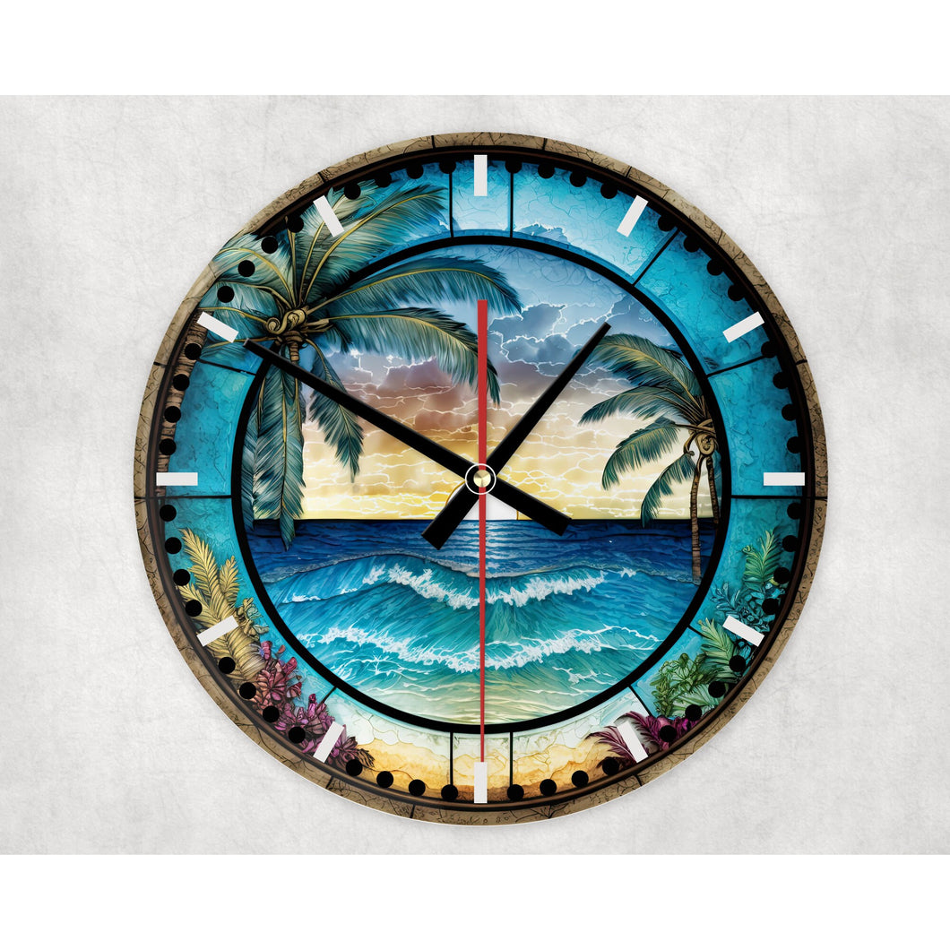 Tropical beach glass wall clock, wall decor,faux stained glass, housewarming gift, birthday gift for family, freinds, colleague