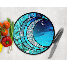 Load image into Gallery viewer, Creascent Moon Chopping Board, faux stained glass, tableware decor, housewarming gift, round cheese board, placemat gift for friends, family