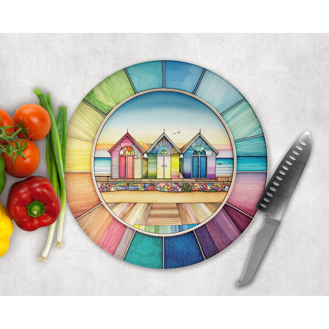 Beach Huts Chopping Board, faux stained glass, tableware decor, housewarming gift, round glass cheese board, placemat gift for mates, family