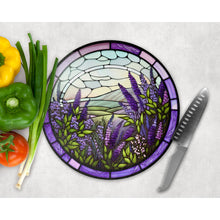 Load image into Gallery viewer, Lavender Chopping Board, faux stained glass, tableware decor, housewarming gift, round glass cheese board, placemat gift for friends