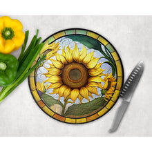 Load image into Gallery viewer, Sunflower Chopping Board, faux stained glass, tableware decor, housewarming gift, round glass cheese board, placemat gift for friends