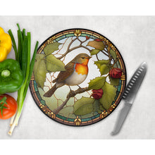 Load image into Gallery viewer, Garden Robin Chopping Board, faux stained glass, tableware decor, housewarming gift, round glass cheese board, placemat gift for friends