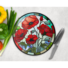 Load image into Gallery viewer, Red poppy Chopping Board, faux stained glass, tableware decor, housewarming gift, round glass cheese board, placemat gift for family, friend