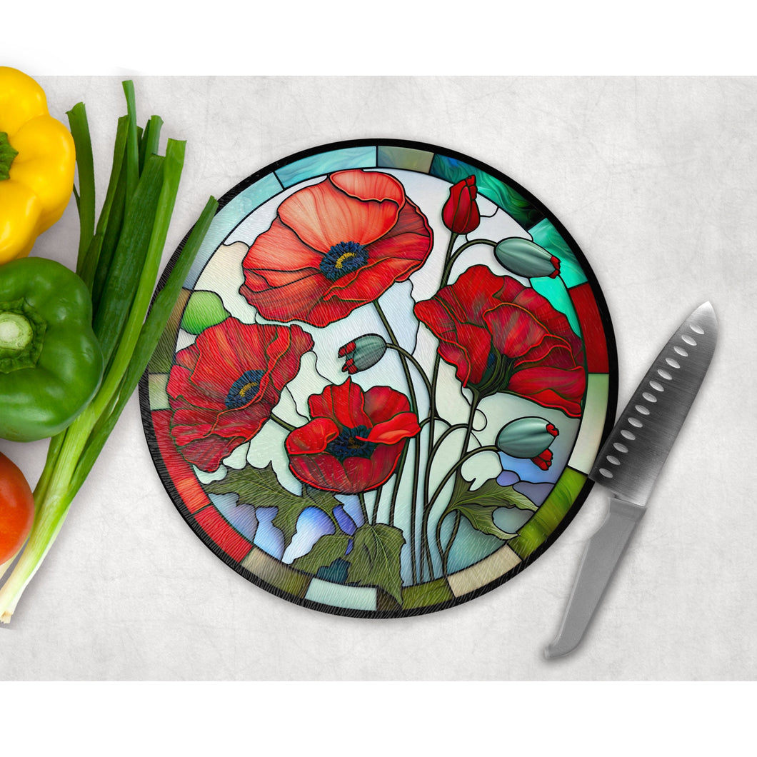 Red poppy Chopping Board, faux stained glass, tableware decor, housewarming gift, round glass cheese board, placemat gift for family, friend