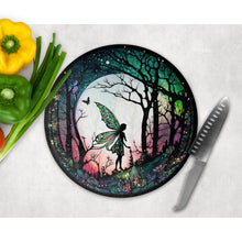 Load image into Gallery viewer, Fairy Chopping Board, faux stained glass tableware decor, housewarming gift, round glass cheese board, placemat gift for family friends