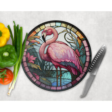 Load image into Gallery viewer, Flamingo Chopping Board, faux stained glass tableware decor, housewarming gift, round glass cheese board, placemat gift for family friends
