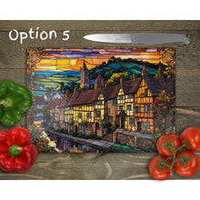 Load image into Gallery viewer, Engish village sunset glass chopping board, faux stained glass Placemats, outside dining, new home gift, worktop saver, patterns