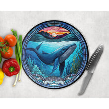 Load image into Gallery viewer, Chopping Board, Blue Whale faux stained glass, tableware decor, housewarming gift, round cheese board, placemat, gift for friends and family