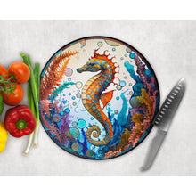 Load image into Gallery viewer, Chopping Board, Sea Horse faux stained glass, tableware decor, housewarming gift, round cheese board, placemat, gift for friends and family