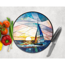 Load image into Gallery viewer, Chopping Board, Sailing faux stained glass, tableware decor, housewarming gift, round cheese board, placemat, gift for friends and family