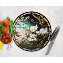 Load image into Gallery viewer, Magnolia Chopping Board, faux stained glass, tableware decor, housewarming gift, round cheese board, placemat, gift for friends and family