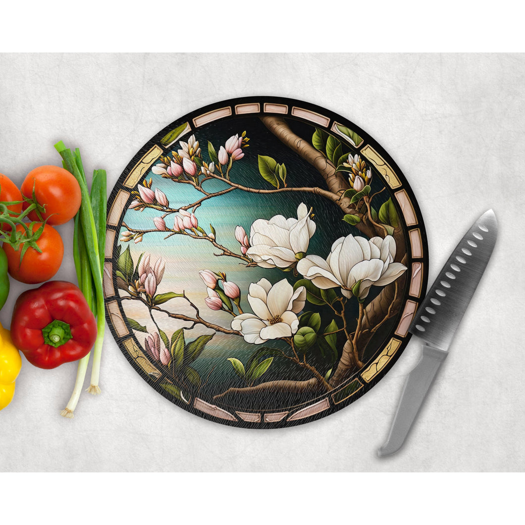 Magnolia Chopping Board, faux stained glass, tableware decor, housewarming gift, round cheese board, placemat, gift for friends and family